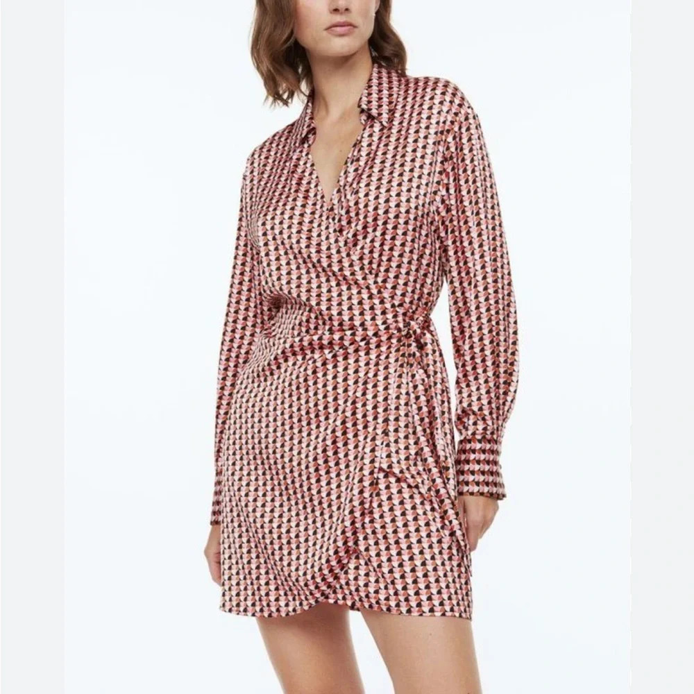 H&M Pink/Patterned Satin Wrapover Shirt Dress Size S - Picture 1 of 9
